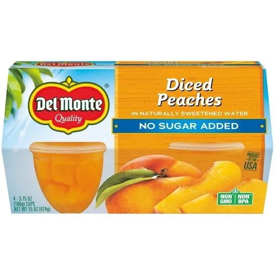 (4 Cups) Del Monte Diced Peaches Fruit Cups, No Sugar Added, 3.75 oz