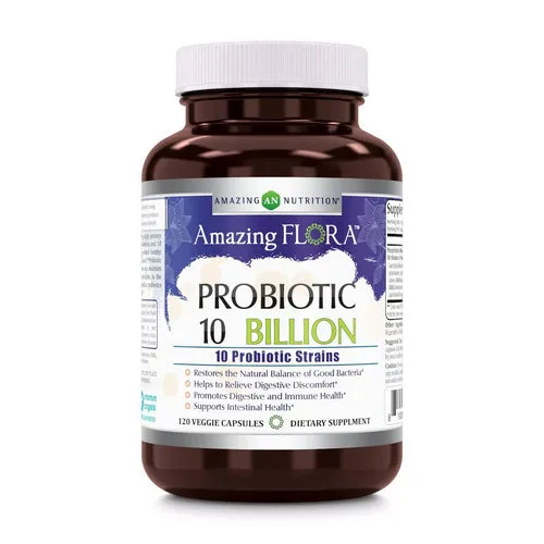 Amazing Flora Probiotic 10 Strains 10 Billion 120 Veg Caps By Amazing Nutrition