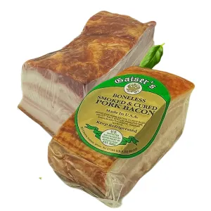 Boneless Smoked & Cured Pork Bacon (PRE-PK), Gaiser's, 1-1.5 lb