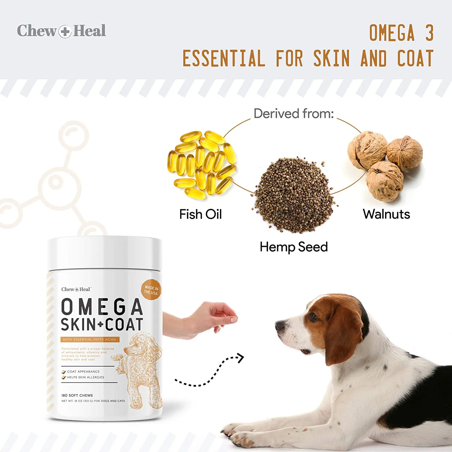 Chew   Heal Salmon Oil for Dogs - 180 Soft Chew Omega Treats for Skin and Coat - Fish Oil Blend of Essential Fatty Acids, Omega 3, 6, and 9, Vitamins, Antioxidants and Minerals - Made in USA