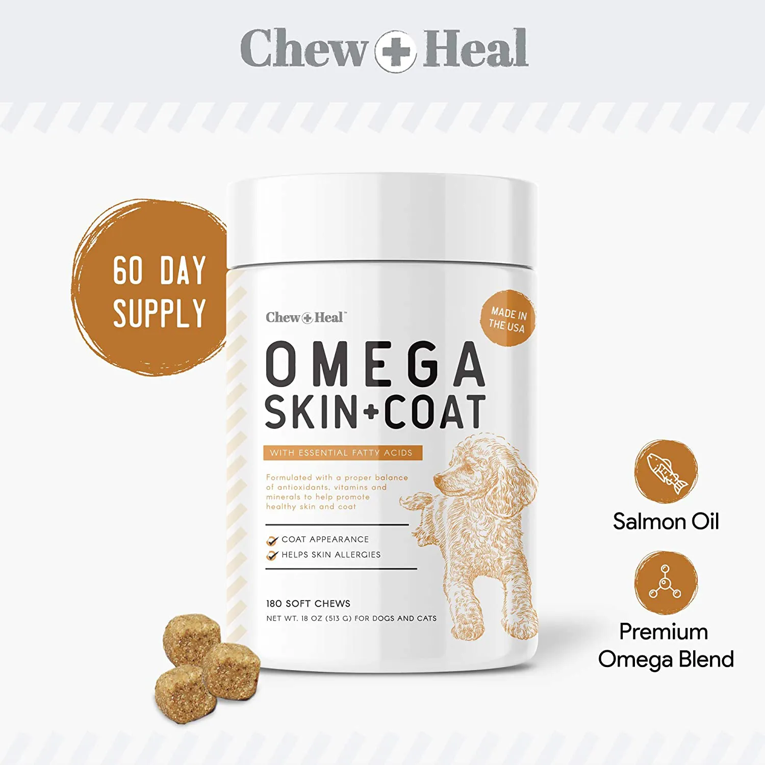 Chew   Heal Salmon Oil for Dogs - 180 Soft Chew Omega Treats for Skin and Coat - Fish Oil Blend of Essential Fatty Acids, Omega 3, 6, and 9, Vitamins, Antioxidants and Minerals - Made in USA