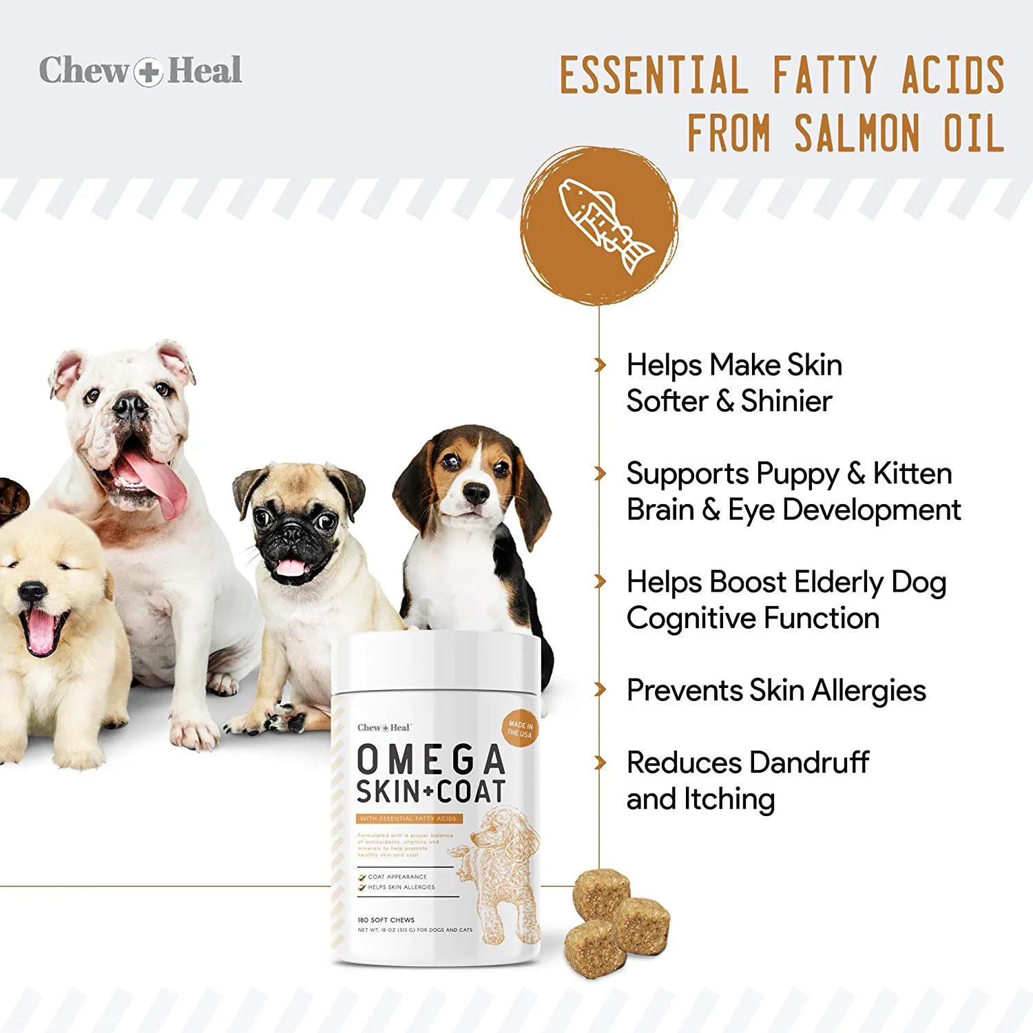 Chew   Heal Salmon Oil for Dogs - 180 Soft Chew Omega Treats for Skin and Coat - Fish Oil Blend of Essential Fatty Acids, Omega 3, 6, and 9, Vitamins, Antioxidants and Minerals - Made in USA