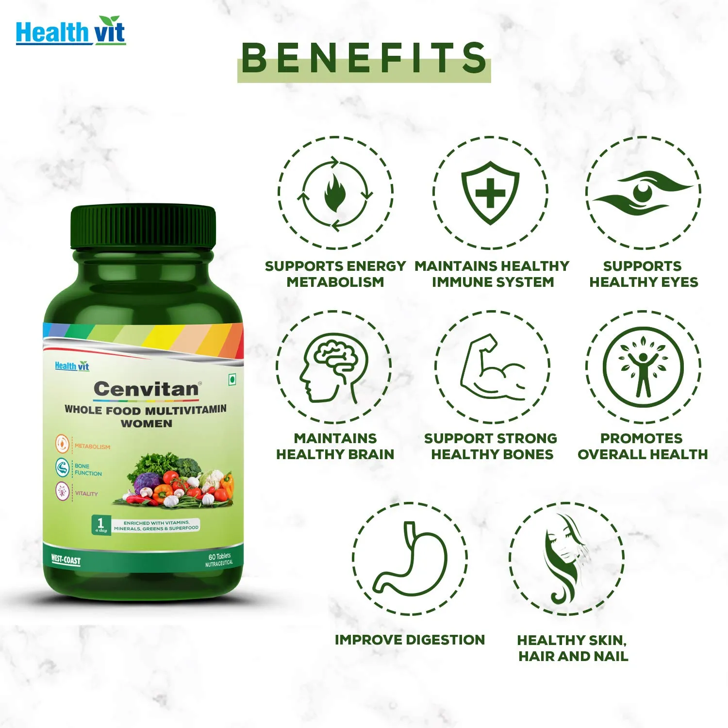 Healthvit Cenvitan Plant Based Whole Food Multivitamin for Women | Enriched with Vitamins, Minerals, Greens, Vegetables, Superfood, Fruits & Herbs Supplement | For Beauty Blend, Immunity– 60 Tablets