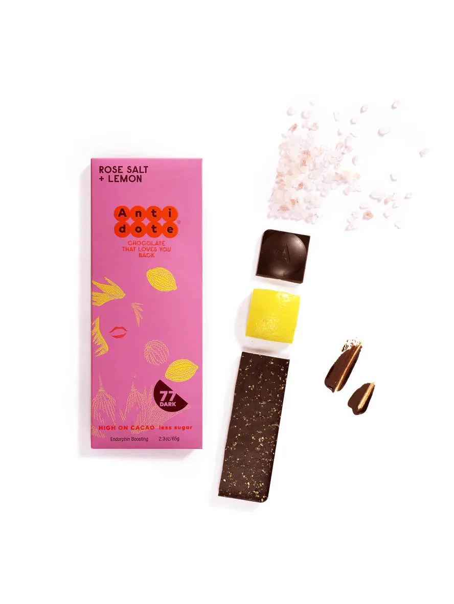 Hebe, Rose Salt & Lemon Chocolate Bar, 77%, Antidote Chocolate