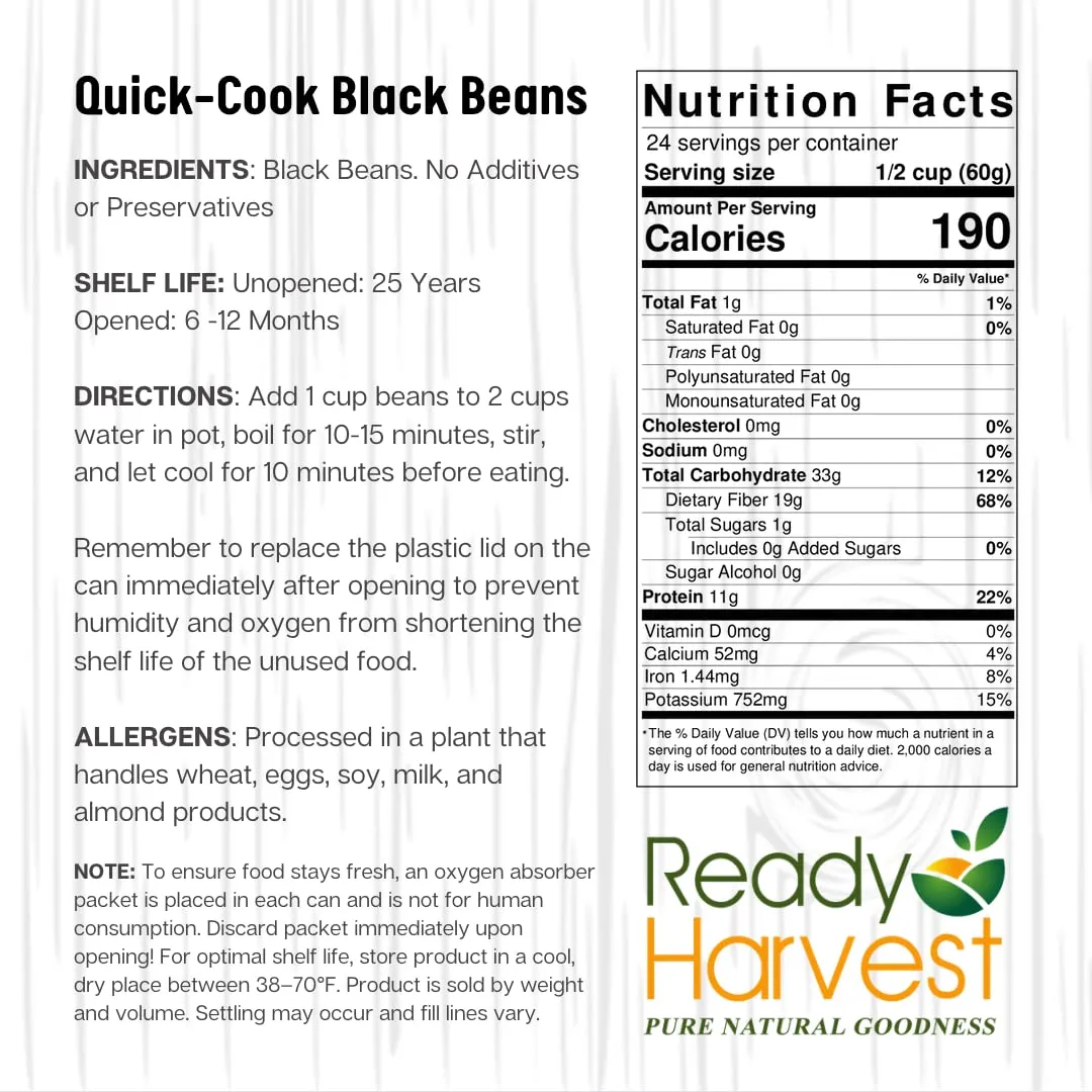 Ready Harvest Dehydrated Whole Food Black Beans - 25 Year Shelf Life - #10 Can