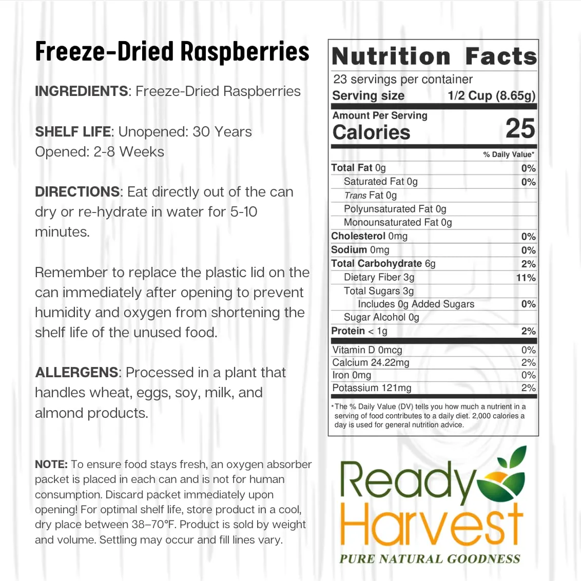 Ready Harvest Freeze-Dried Whole Food Raspberries - 30 Year Shelf Life - #10 Can