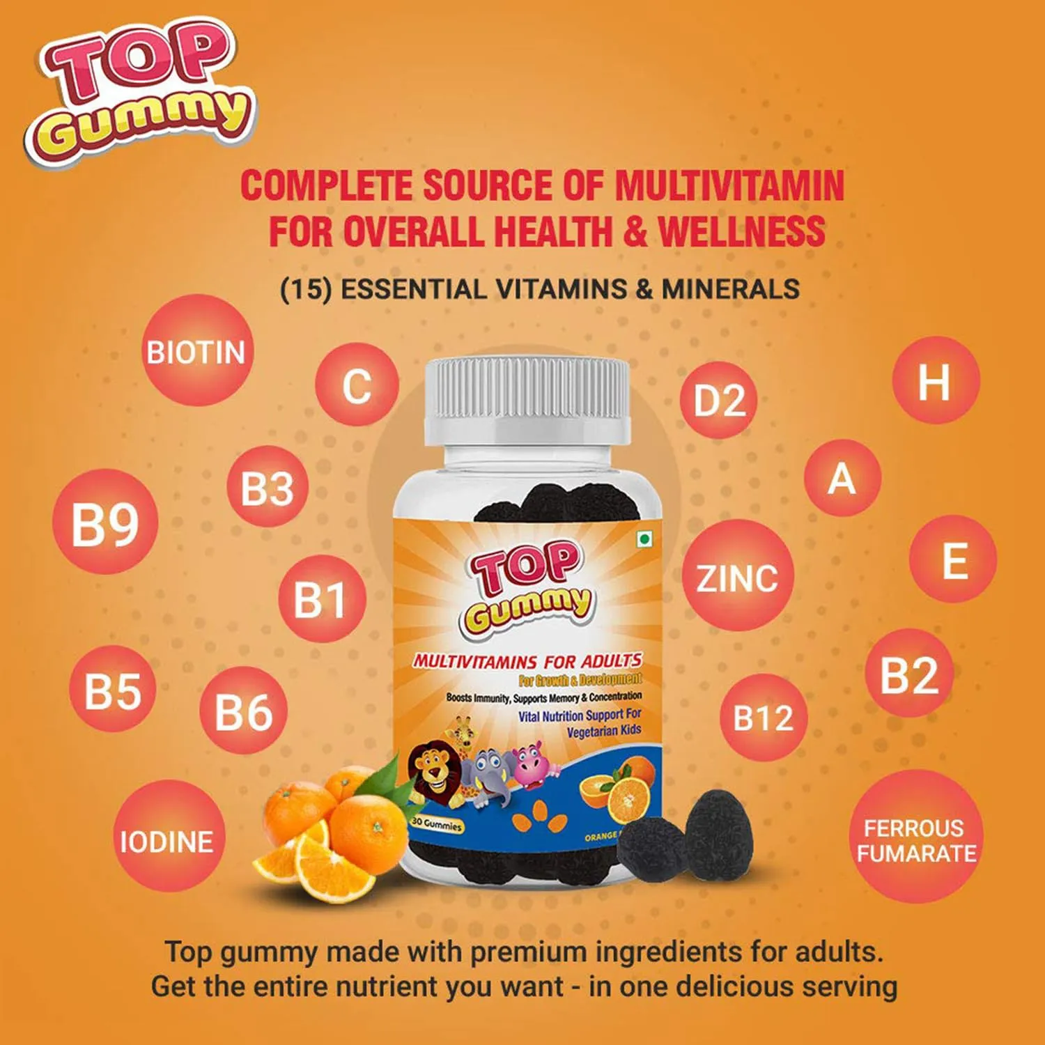 Top Gummy Multivitamin Gummies for Adults with 15 Vitamins & Minerals | Essential Vitamins For Growth, Development & Immunity | Gluten, Soy & Dairy Free - 30 Gummies (Orange Flavor) (Pack of 5)