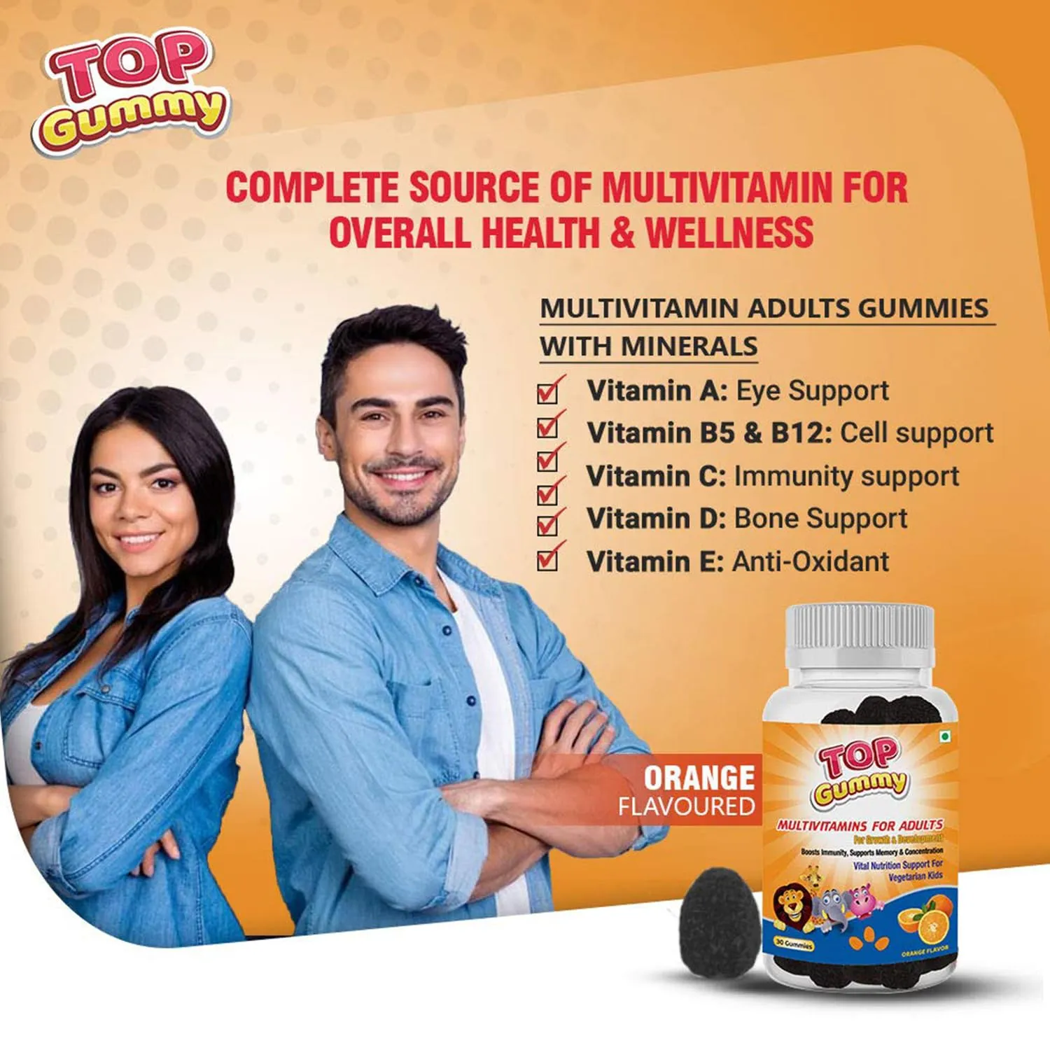 Top Gummy Multivitamin Gummies for Adults with 15 Vitamins & Minerals | Essential Vitamins For Growth, Development & Immunity | Gluten, Soy & Dairy Free - 30 Gummies (Orange Flavor) (Pack of 5)