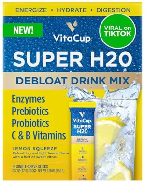 VitaCup Super H2O Bloating Relief and Digestive Health Drink Mix Packets, Probiotics, Prebiotics, C & B Vitamins, Lemon Flavor Water Enhancer Packets, 16 ct