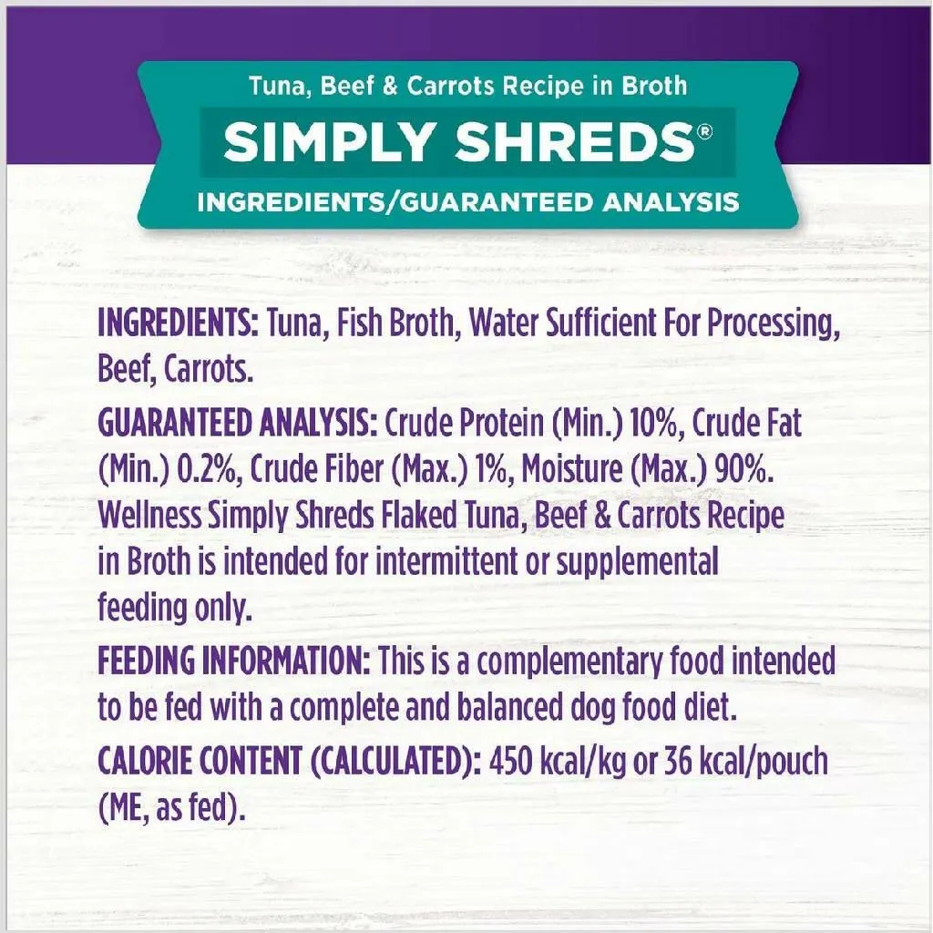 Wellness Bowl Boosters Simply Shreds Tuna, Beef & Carrots Grain-Free Dog Food Topper (2.8 oz x 12 pouches)