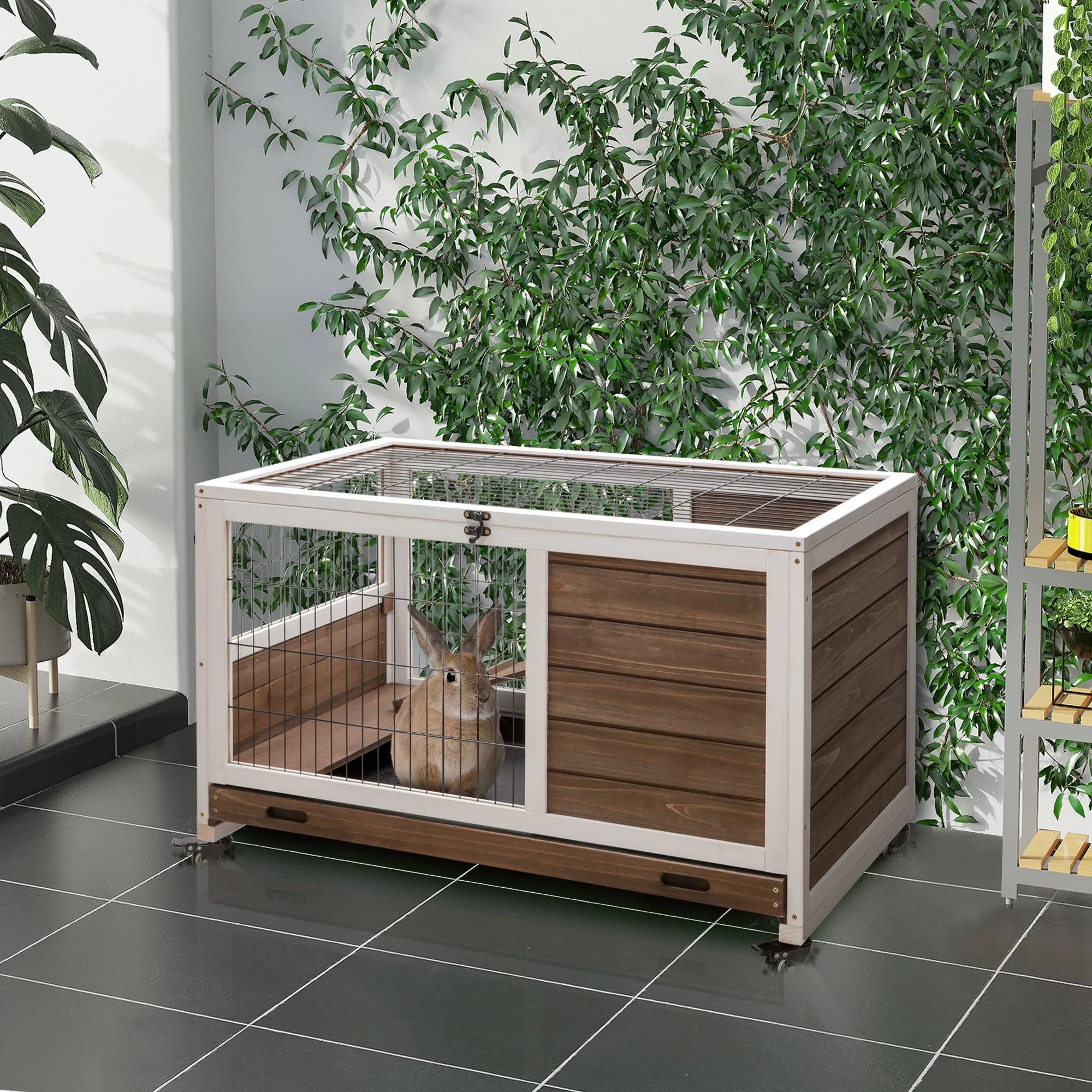 Wooden Indoor Rabbit Hutch w/ Enclosed Run Brown