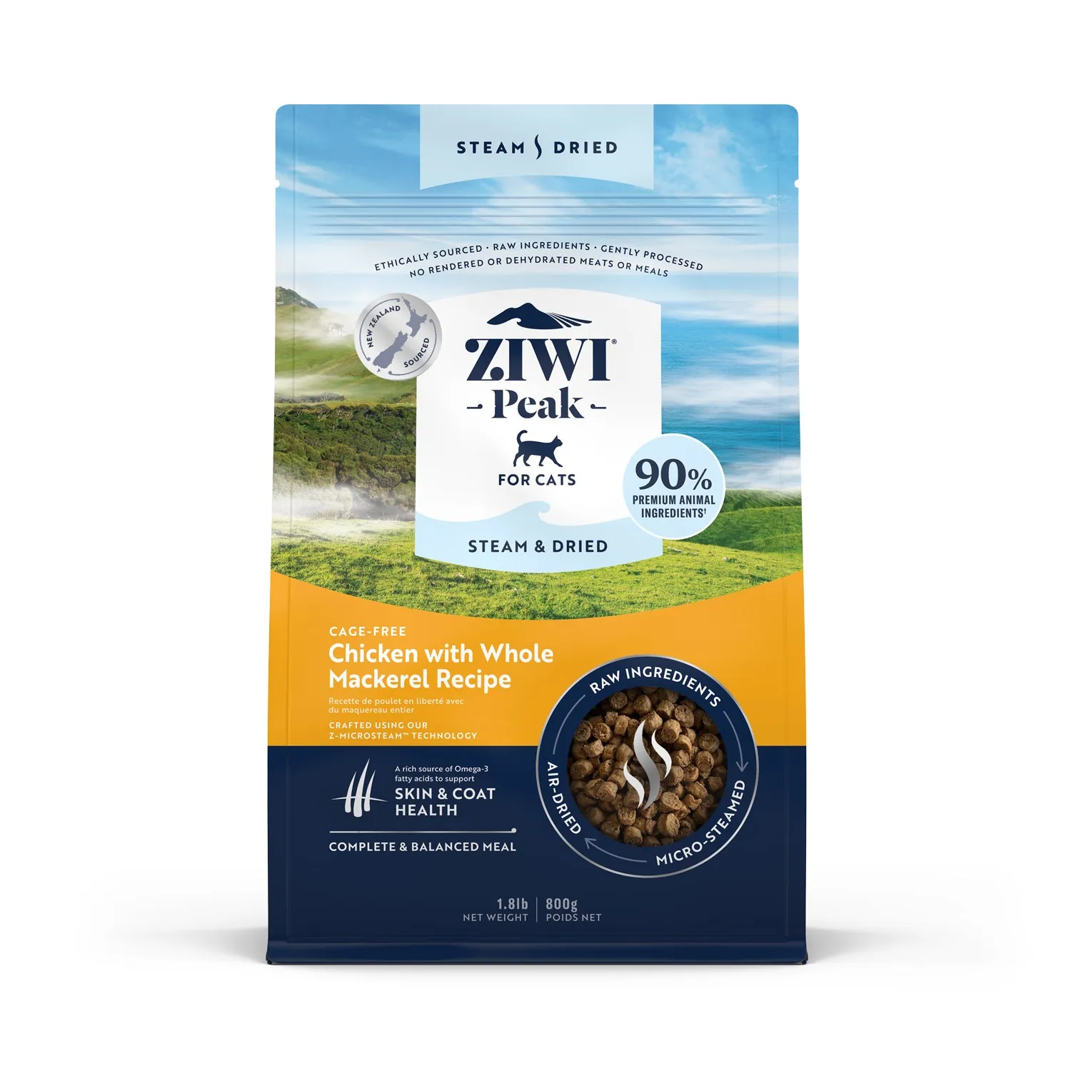 ZiwiPeak Steam & Dried Cat Food - Cage-free Chicken with Whole Mackerel Recipe